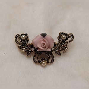 Vintage Porcelain Rose Flower Brooch Pin Gold Tone